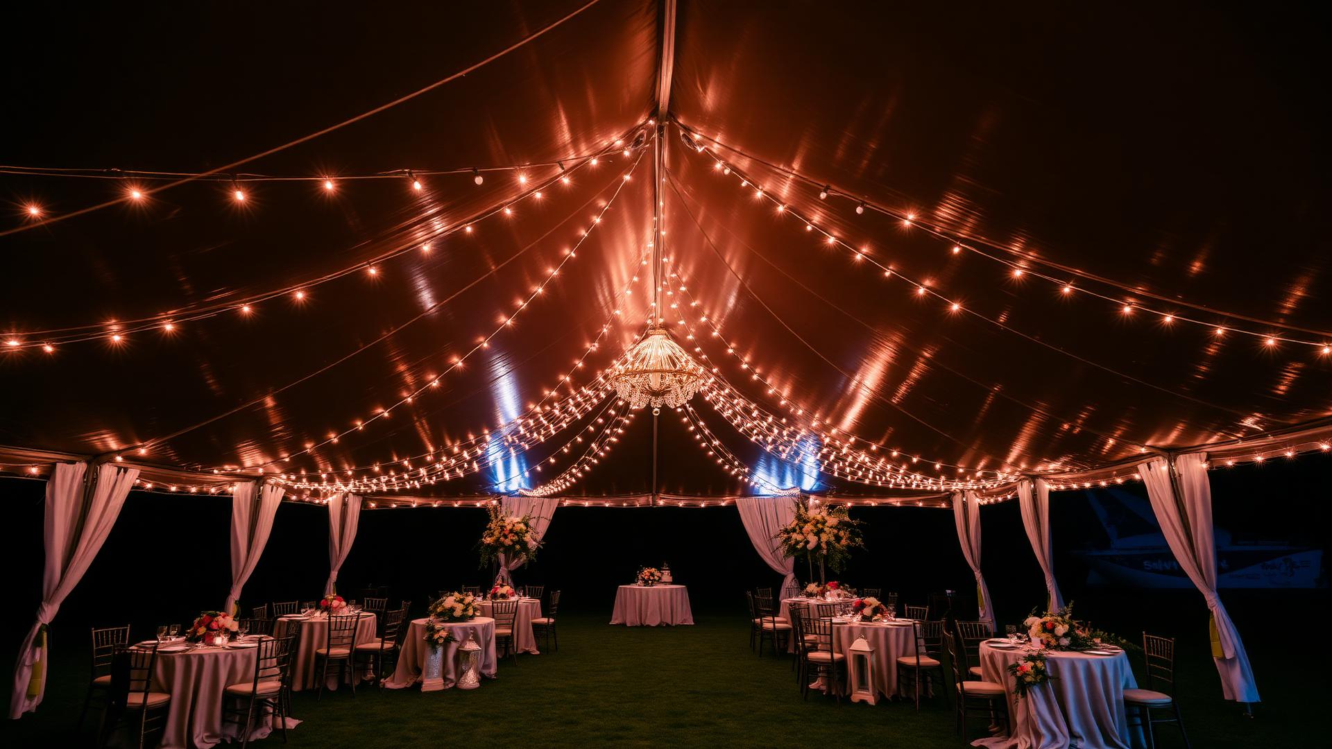 Tenda de casamento à noite iluminada